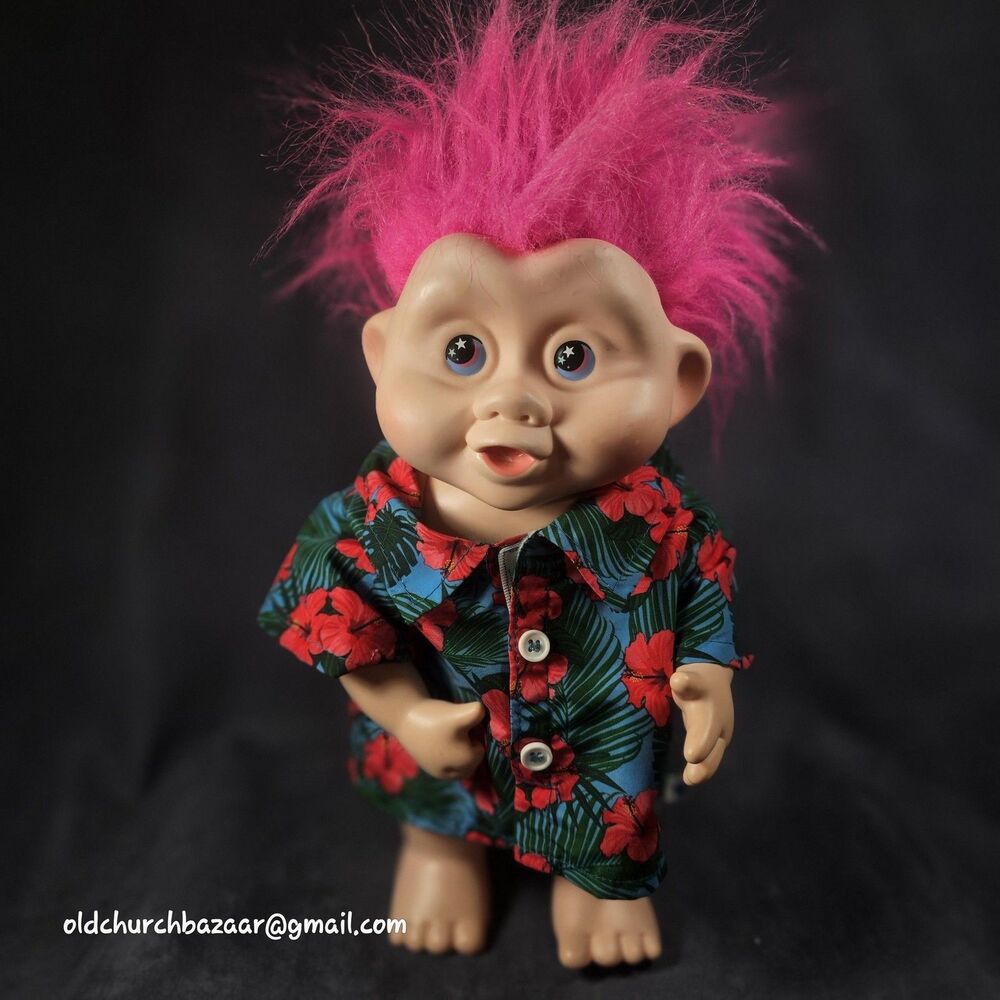Vintage 1991 Magic Trolls Applause 15 Inch Doll Pink Hair Hawaiian Shirt Toy